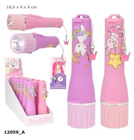 Zwei pink-lila Princess Mimi Taschenlampen mit Tiermotiven und passender Displaybox.