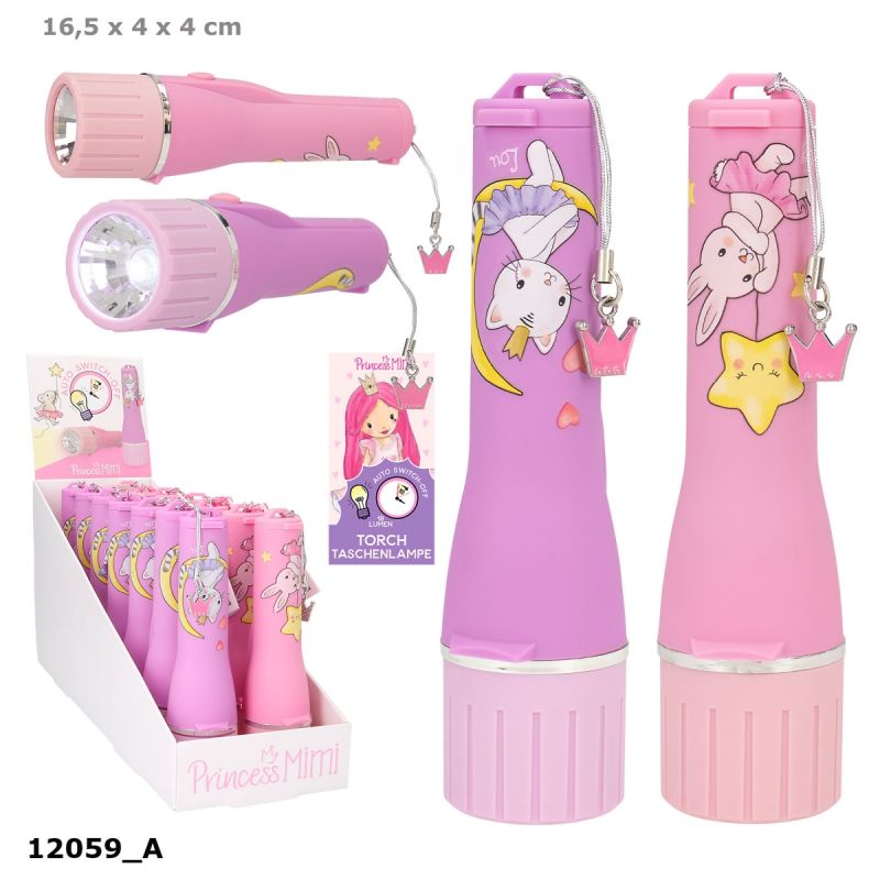 Zwei pink-lila Princess Mimi Taschenlampen mit Tiermotiven und passender Displaybox.