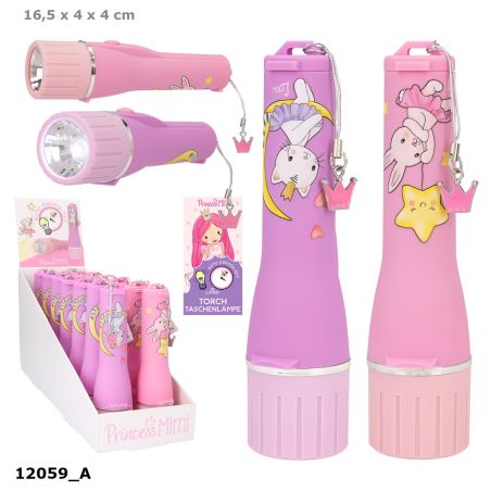 Zwei pink-lila Princess Mimi Taschenlampen mit Tiermotiven und passender Displaybox.
