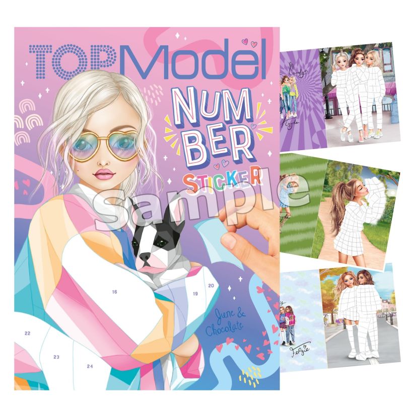 Illustrierte Frau mit Sonnenbrille hält einen Hund, umgeben von Stickerbögen und Modeskizzen.