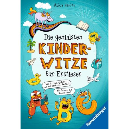 Buntes deutsches Kinderwitzebuch mit verspielten Buchstaben, Einhorn und Tieren auf blauem Hintergrund.