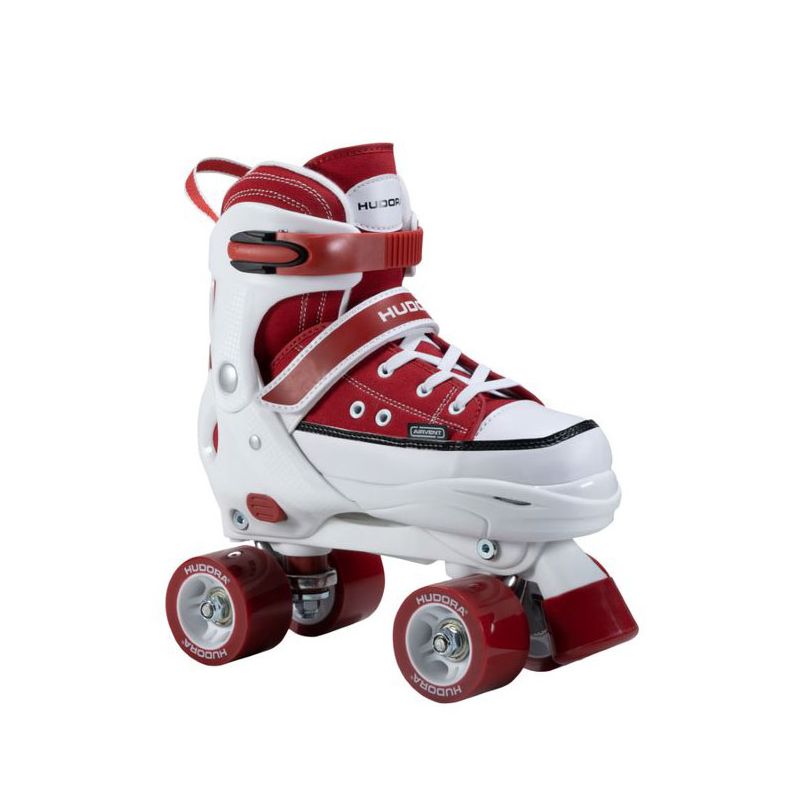 Rot-weißer Rollschuh mit Schnürsenkeln und Schnalle, vier Rollen und hohem Knöchelbereich.