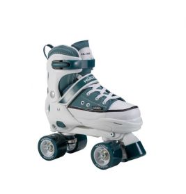 Türkis-weißer Rollschuh mit vier Rollen und Knöchelriemen, abgebildet vor weißem Hintergrund.