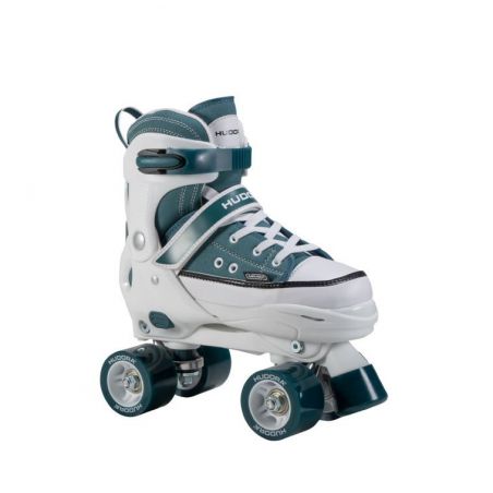 Türkis-weißer Rollschuh mit vier Rollen und Knöchelriemen, abgebildet vor weißem Hintergrund.