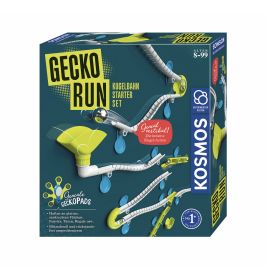 Box des Gecko Run Kugelbahn Starter Sets mit blauen, grünen und gelben Grafiken und Bauteilen.