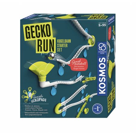 Box des Gecko Run Kugelbahn Starter Sets mit blauen, grünen und gelben Grafiken und Bauteilen.