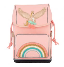 Rosa Rucksack mit Pegasus- und Regenbogenmotiv, Frontklappe und seitlichen Kordeln vor weißem Hintergrund.