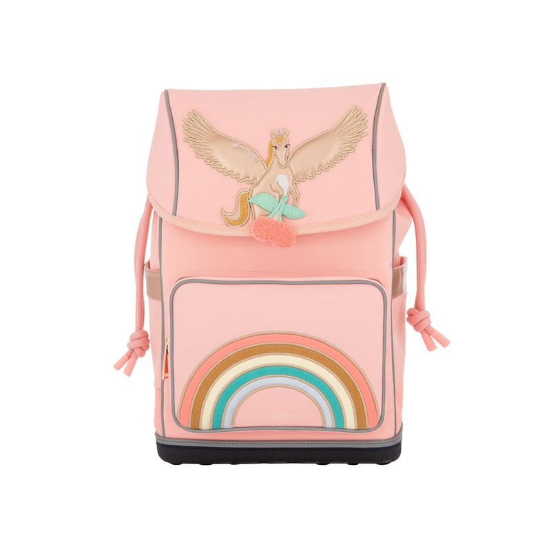 Rosa Rucksack mit Pegasus- und Regenbogenmotiv, Frontklappe und seitlichen Kordeln vor weißem Hintergrund.