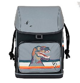 Grauer Rucksack mit Dinosaurier-Motiv auf der Fronttasche und zwei kleinen Vogelsilhouetten darüber.