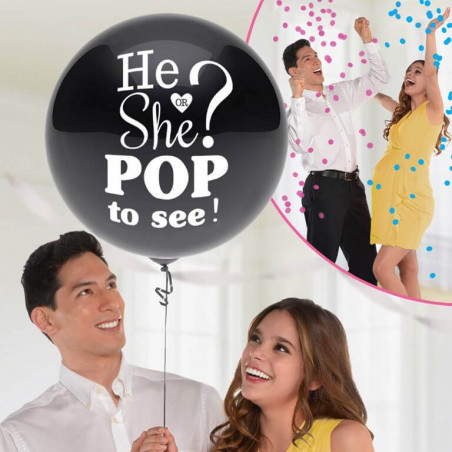 Gender Reveal Latexballoon schwarz mit zwei Beuteln Konfetti