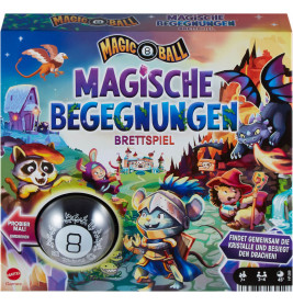 Bunte Brettspielbox mit Fantasietieren, Drache und Magic 8 Ball, Titel: Magische Begegnungen.
