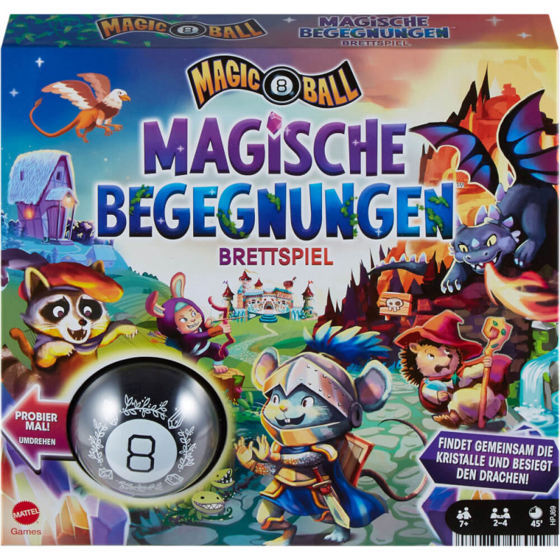 Bunte Brettspielbox mit Fantasietieren, Drache und Magic 8 Ball, Titel: Magische Begegnungen.