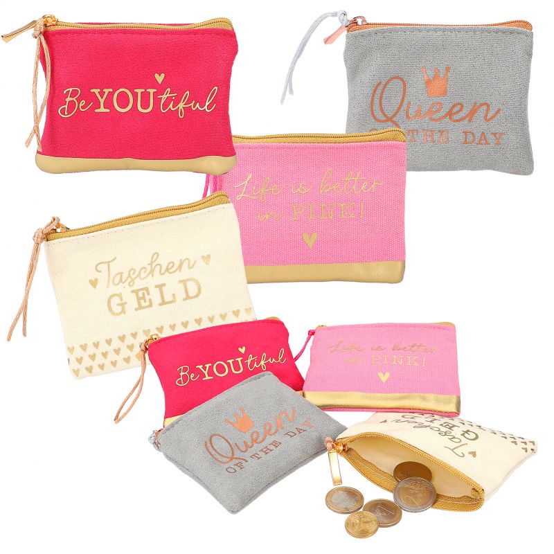 Bunte Münzbeutel mit motivierenden Sprüchen, aus einem Beutel fallen einige Münzen heraus.