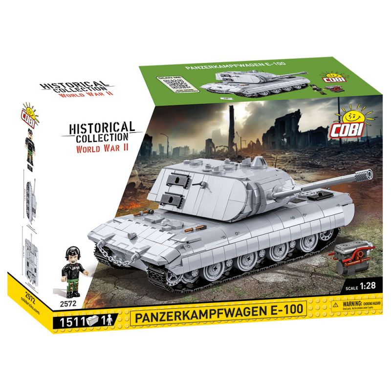 Cobi Panzerkampfwagen E-100 Bausatzbox im Zweite-Weltkrieg-Stil mit Modellabbildung auf der Vorderseite.