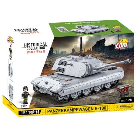 Cobi Panzerkampfwagen E-100 Bausatzbox im Zweite-Weltkrieg-Stil mit Modellabbildung auf der Vorderseite.