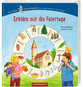 Deutsches Kinderbuchcover mit Zeichnungen von Kindern und Symbolen für verschiedene christliche Feiertage.
