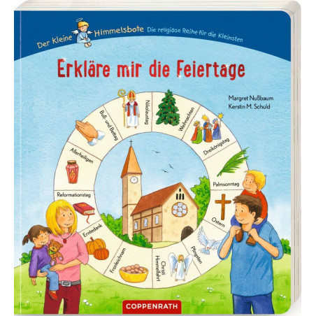 Deutsches Kinderbuchcover mit Zeichnungen von Kindern und Symbolen für verschiedene christliche Feiertage.