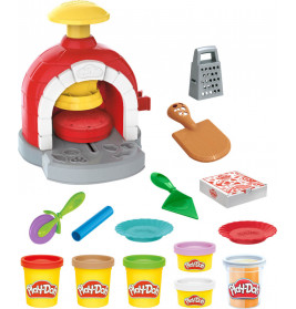 Play-Doh Pizzabackofen-Set mit Zubehör, Tellern, Pizzakarton und bunten Play-Doh Dosen.
