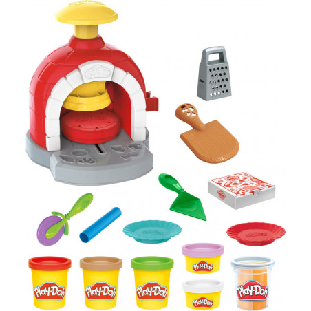 Play-Doh Pizzabackofen-Set mit Zubehör, Tellern, Pizzakarton und bunten Play-Doh Dosen.
