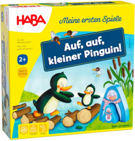Bunte Brettspielschachtel mit Pinguinen, Baumstämmen und Enten Aufschrift: Auf, auf, kleiner Pinguin!.