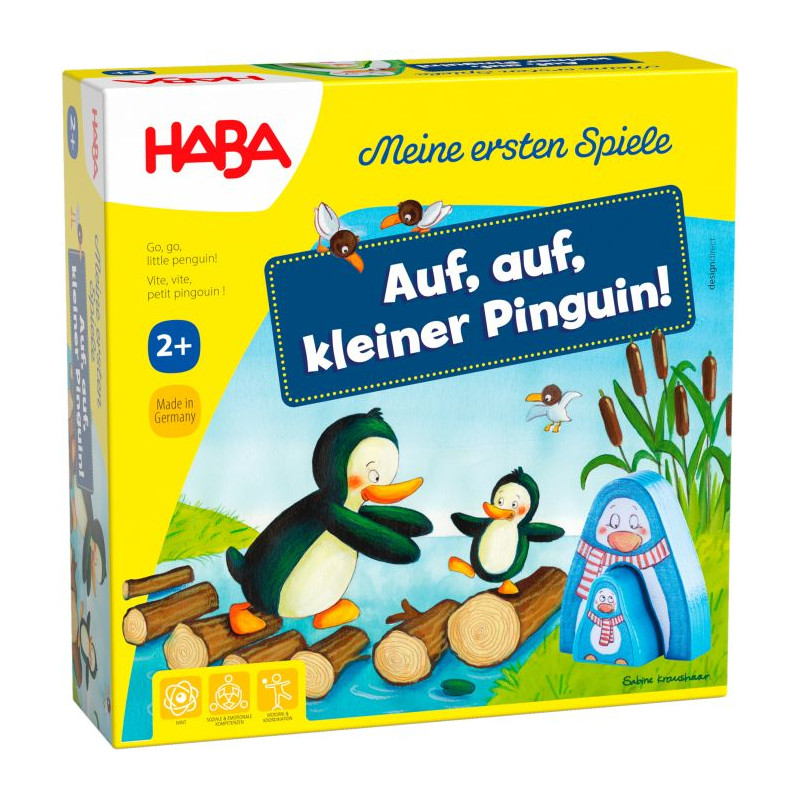 Bunte Brettspielschachtel mit Pinguinen, Baumstämmen und Enten Aufschrift: Auf, auf, kleiner Pinguin!. Bunte Brettspielschachtel mit Pinguinen, Baumstämmen und Enten Aufschrift: Auf, auf, kleiner Pinguin!.