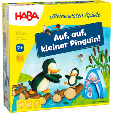 Bunte Brettspielschachtel mit Pinguinen, Baumstämmen und Enten Aufschrift: Auf, auf, kleiner Pinguin!. Bunte Brettspielschachtel mit Pinguinen, Baumstämmen und Enten Aufschrift: Auf, auf, kleiner Pinguin!.