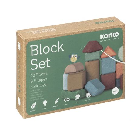 Korko Block Set: 20 Korkbausteine in verschiedenen Formen und Farben, geeignet ab 18 Monaten.