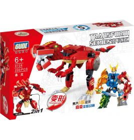 Baustein-Set mit rotem Roboter-Drachen und weiteren bunten Robotern. Für Kinder ab 6 Jahren, 200 Teile.