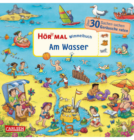 Illustration eines Strandes mit Kindern und Erwachsenen, die am Ufer spielen, schwimmen und entspannen.