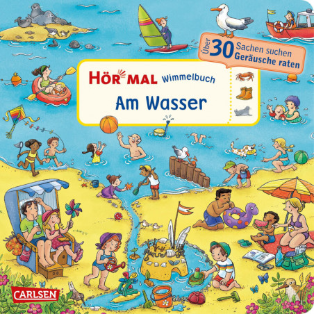 Illustration eines Strandes mit Kindern und Erwachsenen, die am Ufer spielen, schwimmen und entspannen.