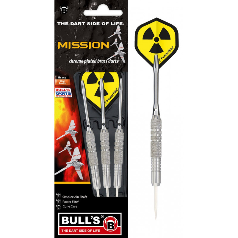 Drei verchromte Messingdarts mit Radioaktiv-Symbol-Flights in Mission-Verpackung von BULLS.