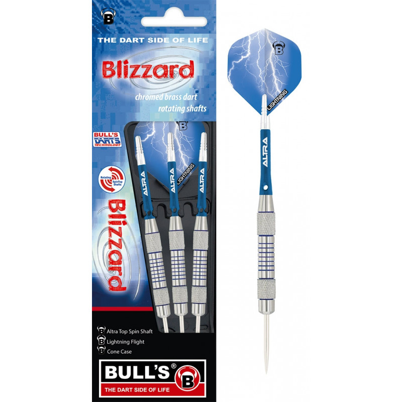 Bulls Blizzard Darts mit blauem Blitzdesign, abgebildet sind drei silberne Darts und die Verpackung. Bulls Blizzard Darts mit blauem Blitzdesign, abgebildet sind drei silberne Darts und die Verpackung.