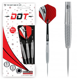 Box und Nahaufnahme silberner Metalldarts mit roten und schwarzen Flights, beschriftet mit DOT und BULLS.