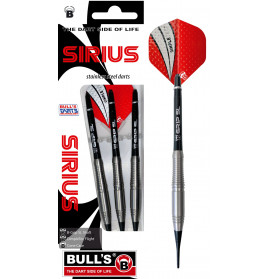 Packung Bulls SIRIUS Edelstahldarts mit drei sichtbaren Darts und roten Flights.