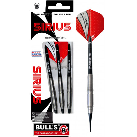 Packung Bulls SIRIUS Edelstahldarts mit drei sichtbaren Darts und roten Flights.