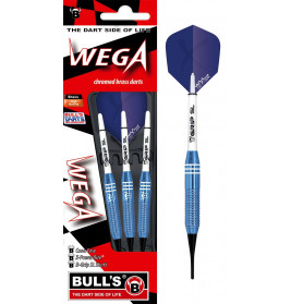 Drei blaue und silberne WEGA-Brass-Darts in Verpackung, rechts ist ein Dart vergrößert dargestellt.