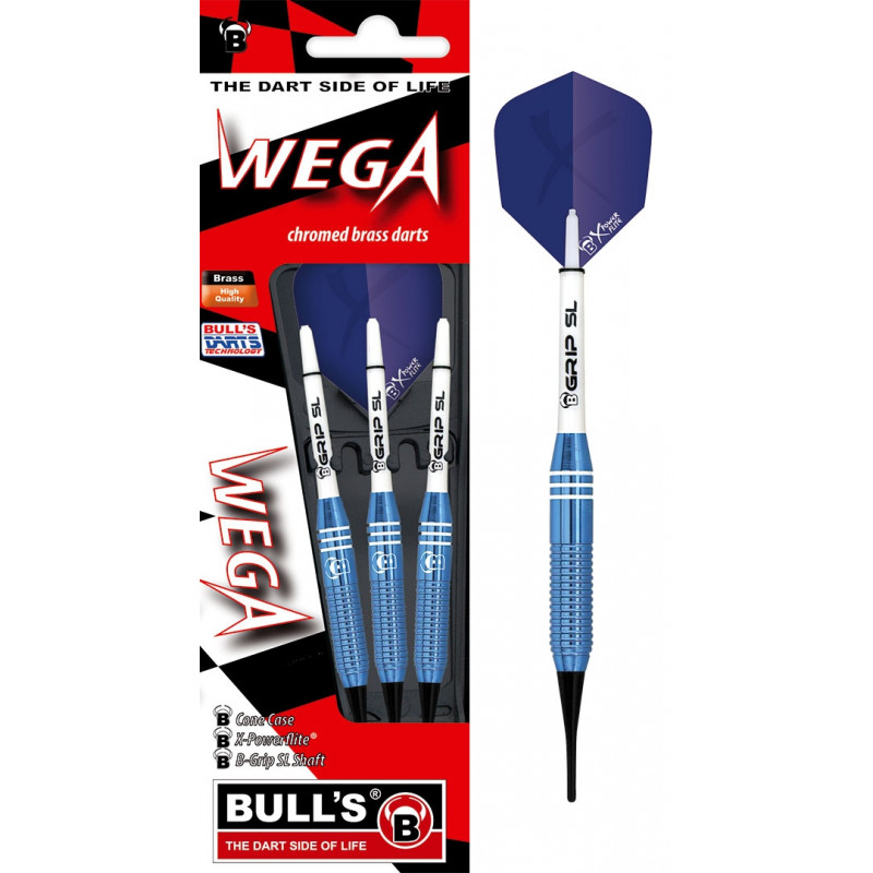 Drei blaue und silberne WEGA-Brass-Darts in Verpackung, rechts ist ein Dart vergrößert dargestellt.