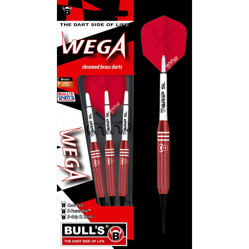 Bulls Wega Dart-Set aus verchromtem Messing mit drei rot-silbernen Darts, verpackt mit WEGA- und BULLS-Logo.