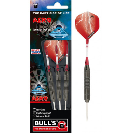 Verpackte Three Bulls Aero Darts mit roten Lightning-Flights, sichtbarer Marke und Produkteigenschaften.