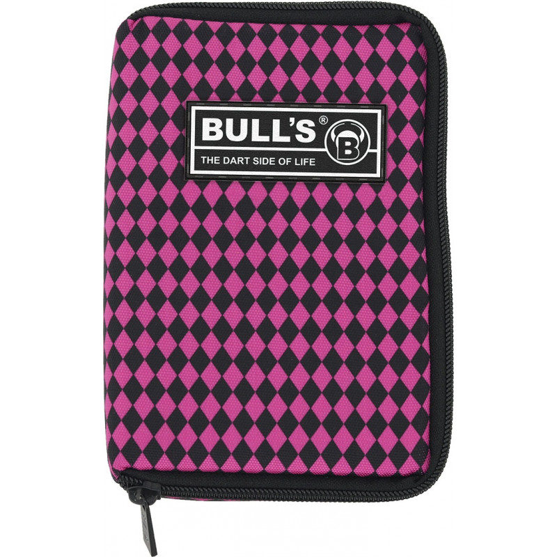 Reißverschlussetui mit pink-schwarzem Rautenmuster und BULLS-Logo auf der Vorderseite.