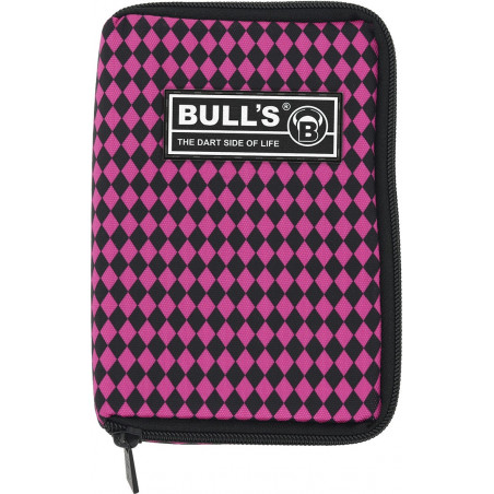 Reißverschlussetui mit pink-schwarzem Rautenmuster und BULLS-Logo auf der Vorderseite.