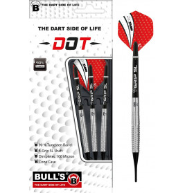 Drei Bulls DOT Darts mit roten Flights, silbernen Barrels und Verpackung samt Produktdetails.