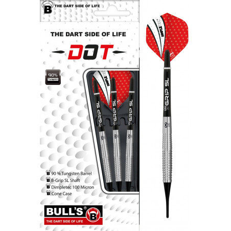 Drei Bulls DOT Darts mit roten Flights, silbernen Barrels und Verpackung samt Produktdetails.