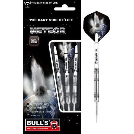 Bulls Meteor Darts-Set in Verpackung mit Weltraumdesign und drei silbernen Pfeilen.