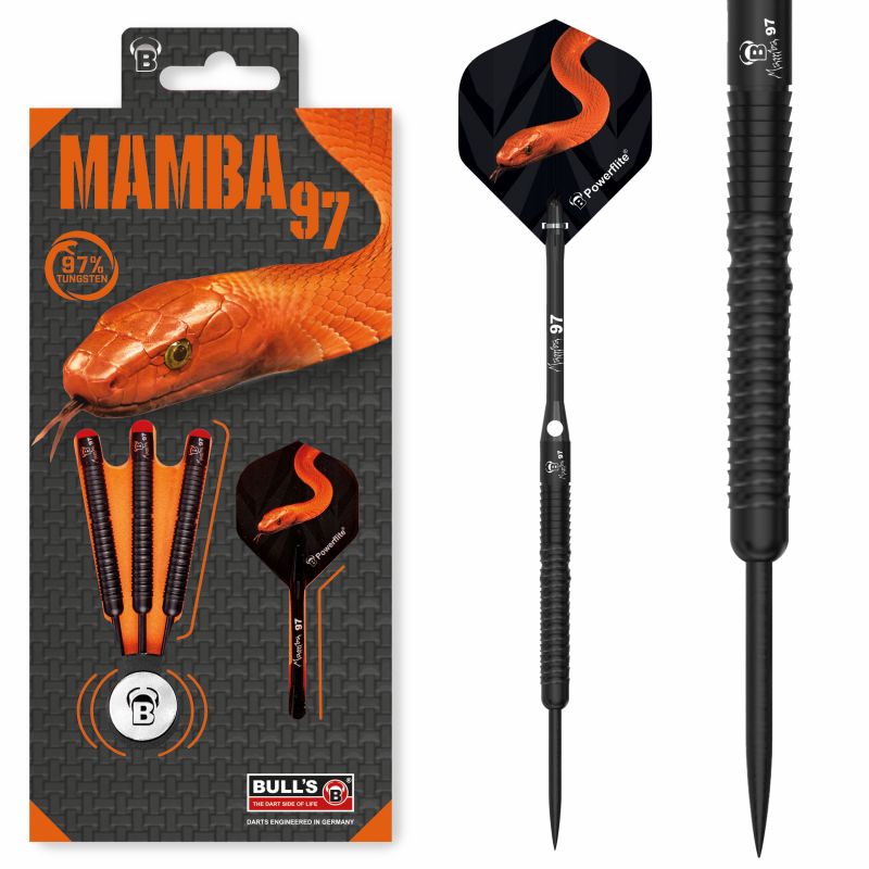 Dart-Set-Verpackung mit orangener Schlange, Schriftzug Mamba 97 und einem separat abgebildeten Dart.