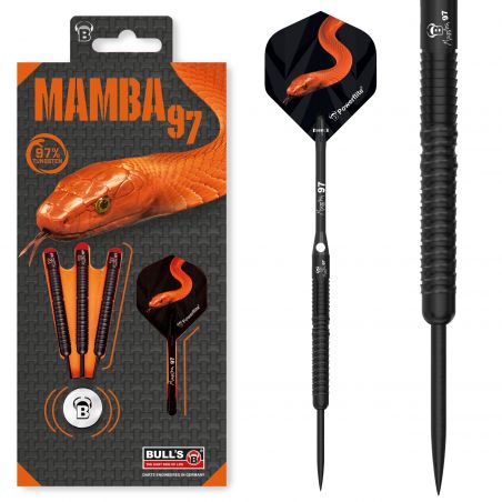 Dart-Set-Verpackung mit orangener Schlange, Schriftzug Mamba 97 und einem separat abgebildeten Dart.