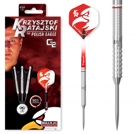 Verpackung und ein silberner Dart aus dem Krzysztof Ratajski G2 Polish Eagle Dart-Set von Bulls.