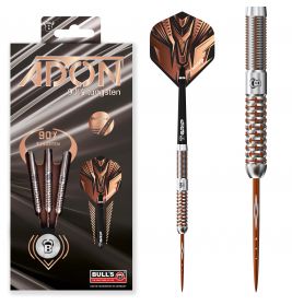 Bulls Adon Dart-Set (90% Wolfram) in Verpackung und als einzelner, montierter Dart abgebildet.