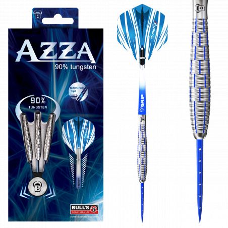 Box mit silber-blauem Bulls Azza 90% Tungsten-Dart, maschinell bearbeiteter Spitze und gestreiftem Flight.