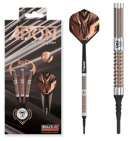 ADON Dartset aus 90% Wolfram in Bronze und Schwarz, ein fertig montierter Dart und Markenverpackung abgebildet.